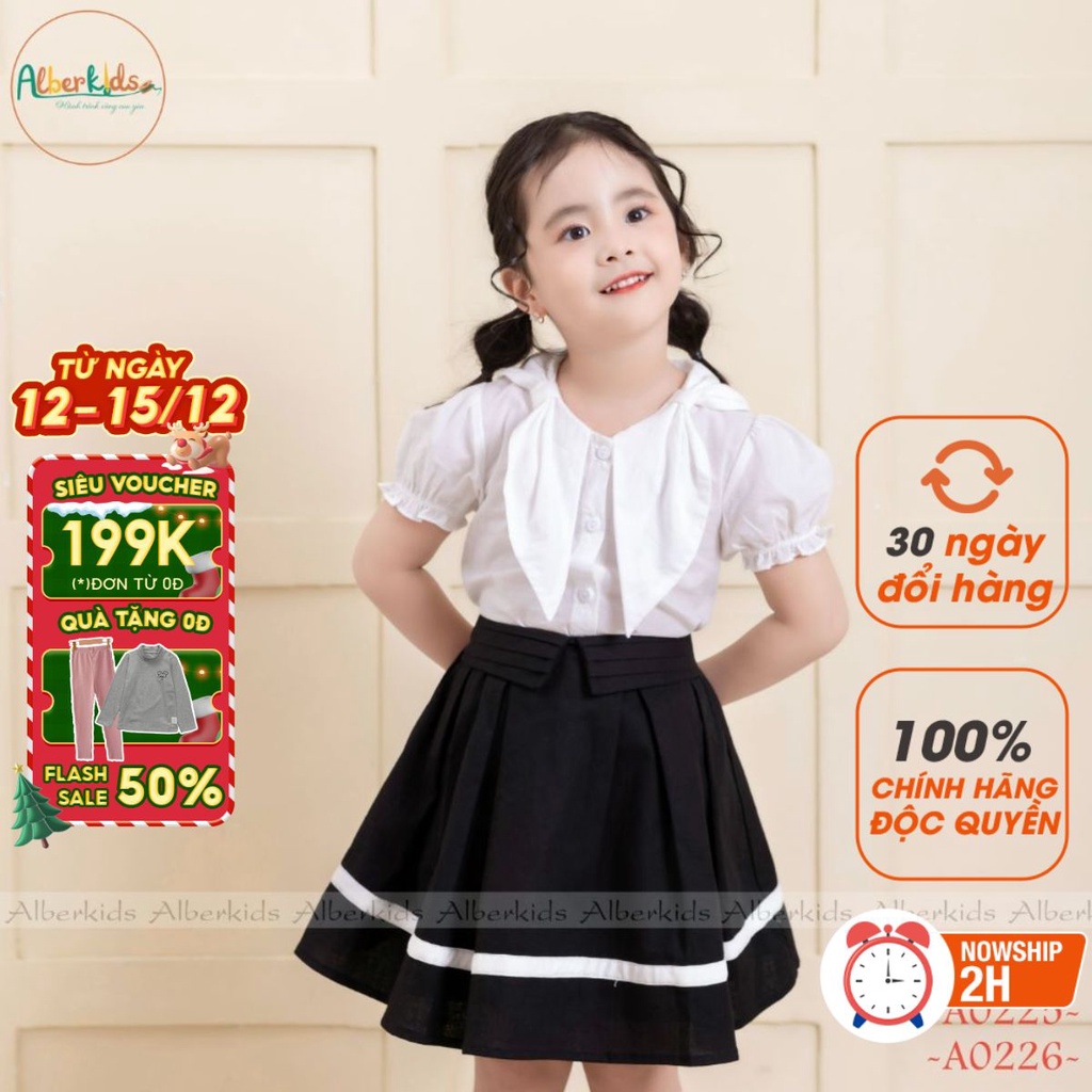 Sét đồ đi học bé gái ALBERKIDS áo phối nơ vai chân váy phối dây trắng cho trẻ em 4,5,6,7,8,9,10,11,12 tuổi [A0226-A0225]