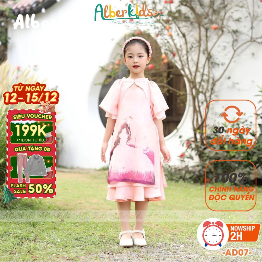 Áo dài bé gái ALBERKIDS in họa tiết cô gái cho trẻ em 3,4,5,6,7,8,9,10,11,12 tuổi AD07