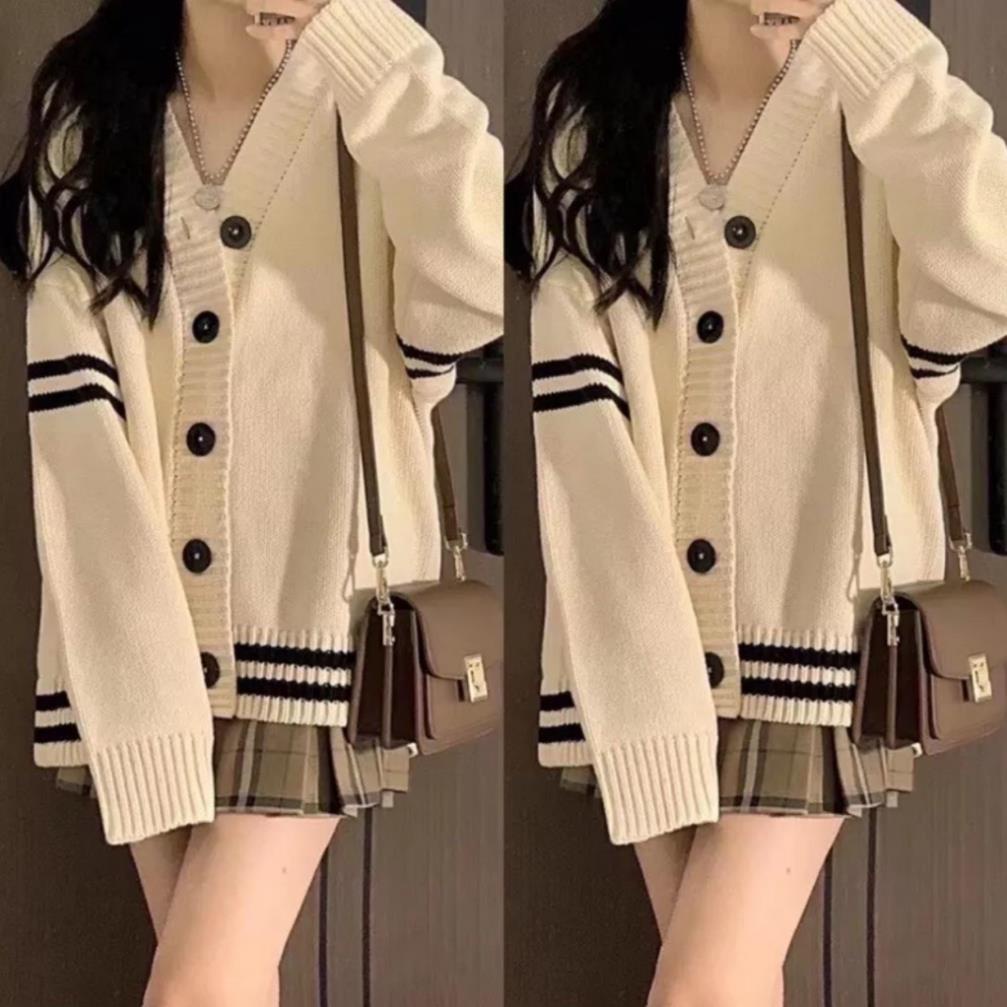 HOT Áo cadigan phối sọc ngang dáng rộng trùm mông CDGlenvachtayA09 hot