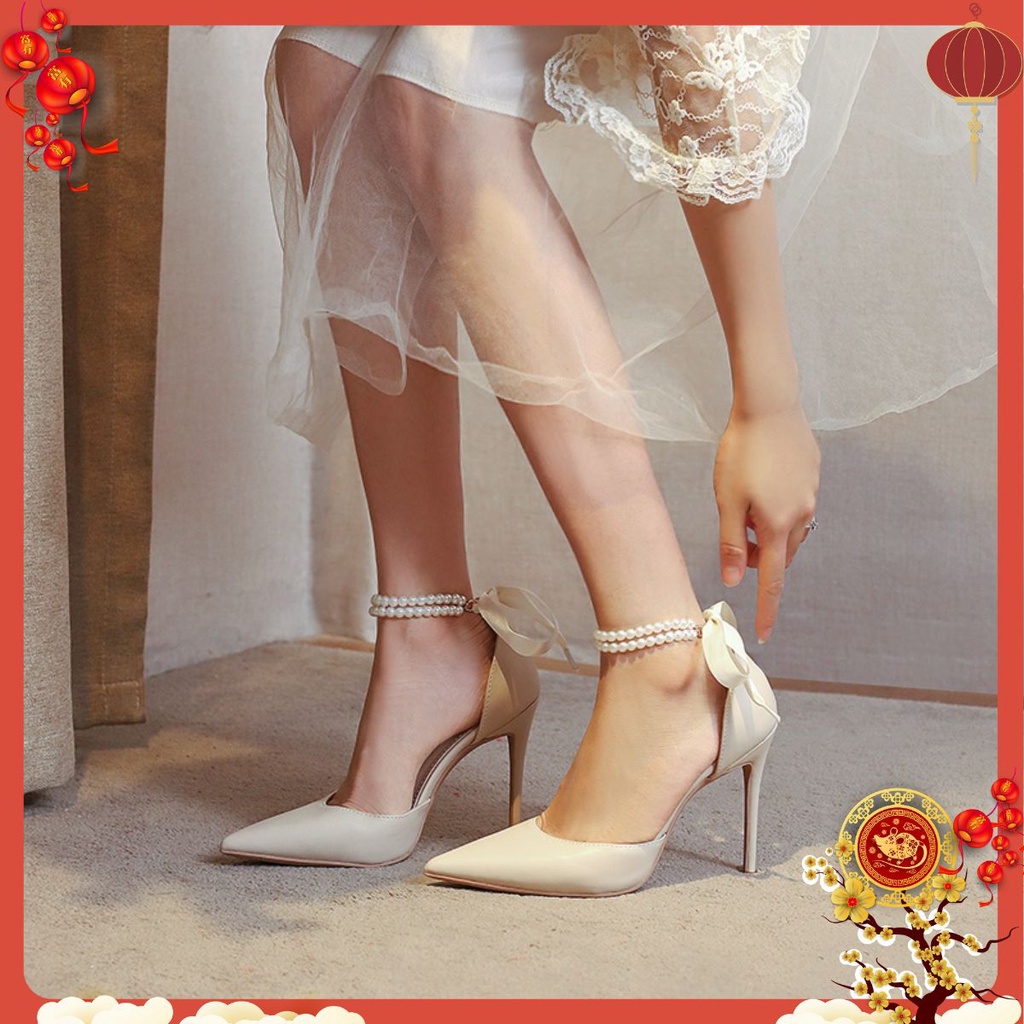 Giày giày cao gót 7P nữ mã XKC55 quai ngọc phối nơ cực sang chảnh quý phái có 2 màu đen và trắng