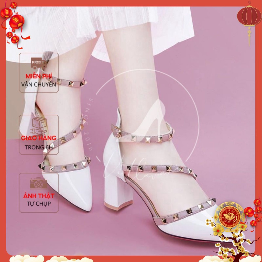Giày cao gót đế vuông cho nữ đính đinh tán dây quai kiểu dáng thời trang cao 7p mã XKC42