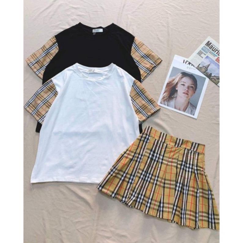 XINH 💃 Bộ Chân Váy Áo Phông Phối Kẻ Sọc Set Áo Váy Ngắn Nữ 2 Màu B03 XINH