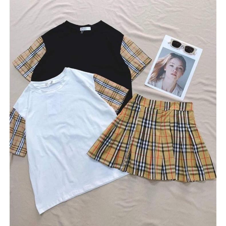 XINH 💃 Bộ Chân Váy Áo Phông Phối Kẻ Sọc Set Áo Váy Ngắn Nữ 2 Màu B03 XINH