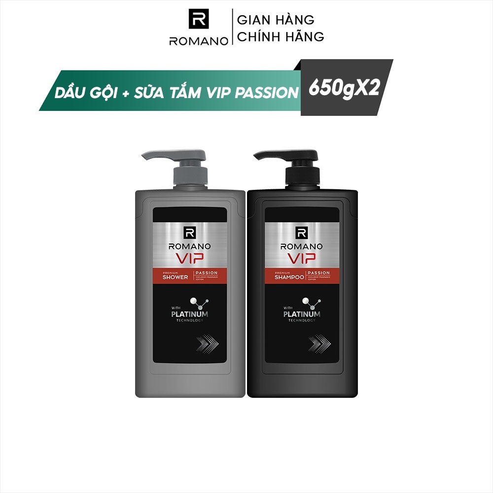 Combo Dầu gội và Sữa tắm cao cấp Romano Vip Passion mạnh mẽ bí ẩn 650g/chai