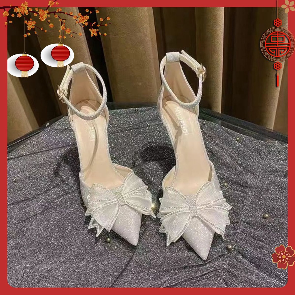 GIÀY CAO GÓT BBC65 QUAI HẬU NƠ ĐÍNH ĐÁ XINH XUẤT SẮC MÀU ĐEN, KEM, TRẮNG DA TRƠN 7P PHÙ HỢP ĐI TIỆC ĐI CHƠI