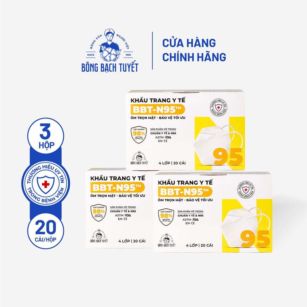 Combo 3 Hộp Khẩu Trang Bông Bạch Tuyết N95 - Trắng (20 cái/hộp)