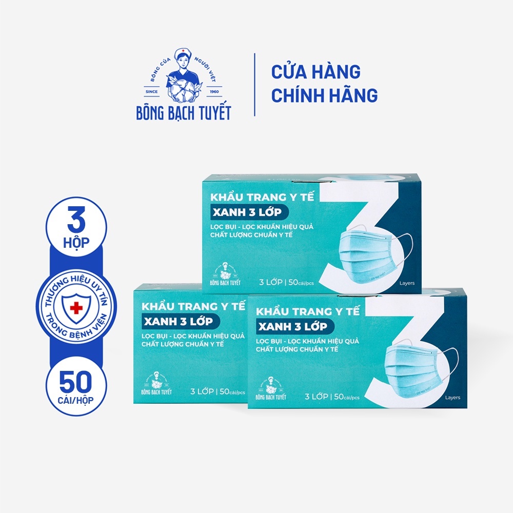 Combo 3 Hộp Khẩu trang Bông Bạch Tuyết 3 lớp xanh