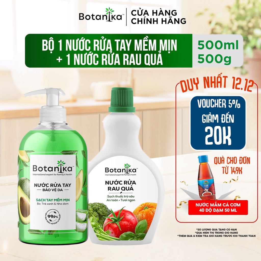 Bộ 1 Nước rửa rau quả BOTANIKA 500ml VÀ 1 Nước rửa tay BOTANIKA 500ml