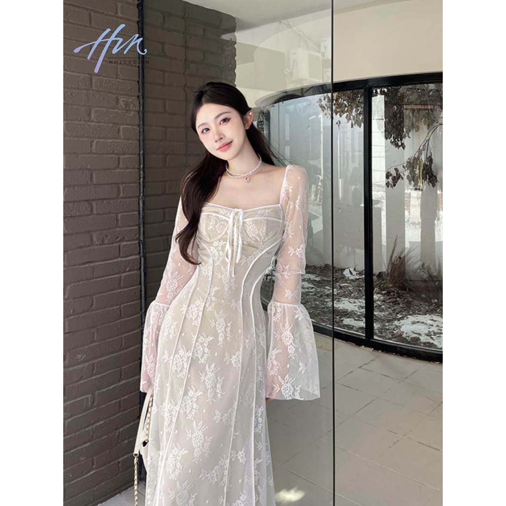 Đầm Đuôi Cá Dệt Kim Phối Ren Quyến Rũ Thời Trang Thu Đông Cho Nữ