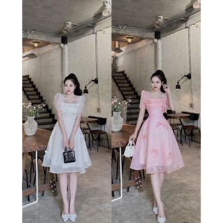  Đầm thời trang nữ sang trọng mặc đi tiệc chất tapta cổ vuông tay ngắn phối Voan tơ đính nơ váy xòe ngang gối có lót 