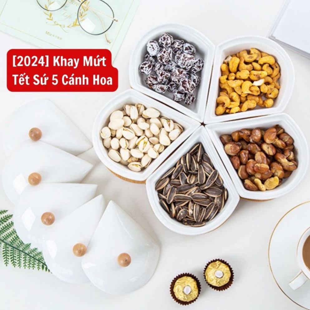 [Tết 2024] Khay Mứt Tết Sứ Hoa Năm Cánh tô điểm ngày tết - Khay mứt sứ cao cấp đế gỗ