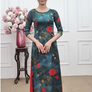 A2150 áo dài lụa latin tròn lỡ nền xanh lục lam hoa sen đỏ