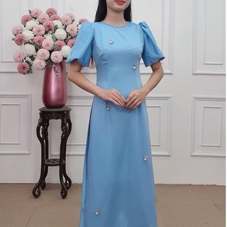 A2203 áo dài lụa latin tay chuông cổ khít nền xanh da trời pha lê