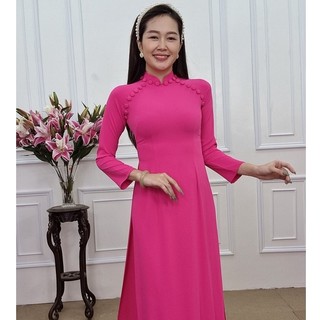 A1498 bộ áo dài hồng sen trơn lụa mỹ cổ cao đính cúc bọc
