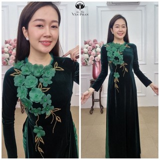 Nhung 42 áo dài nhung xanh khít dài kết pha lê đính hoa xanh nổi cổ ren