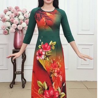 A2433 áo dài lụa Nhật tròn lỡ xanh két pha loang đỏ in hoa to