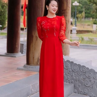 T253 áo dài lụa mỹ đỏ khít bồng hoa von đỏ phối tay ren