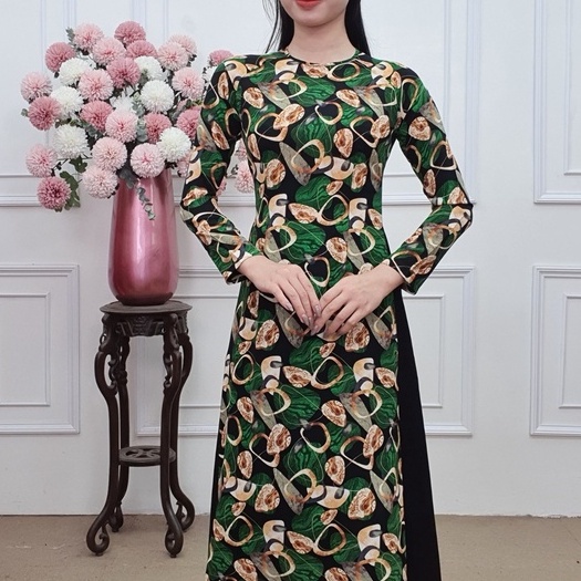 A2212 áo dài lụa mịn cổ khít dài nền đen đá xanh (KHÔNG GỒM QUẦN)