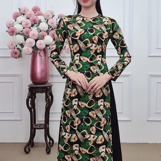 A2212 áo dài lụa mịn cổ khít dài nền đen đá xanh