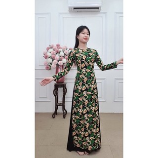 A2212 áo dài lụa mịn cổ khít dài nền đen đá xanh (KHÔNG GỒM QUẦN)