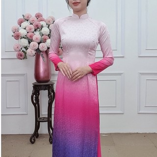 A2299 áo dài gấm cổ cao tay dài nền Hồng nhạt omber Hồng tím