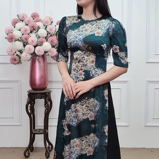A2341 áo dài lụa Latin cổ khít tay bồng cộc nền xanh đậm hoa xanh xám