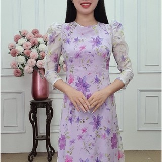 Tơ 171 áo dài khít bồng nền tím cà hoa violet tím