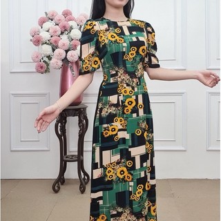 A2227 áo dài lụa mịn cổ khít tay bồng cộc màu xanh lá pha đen hoa vàng
