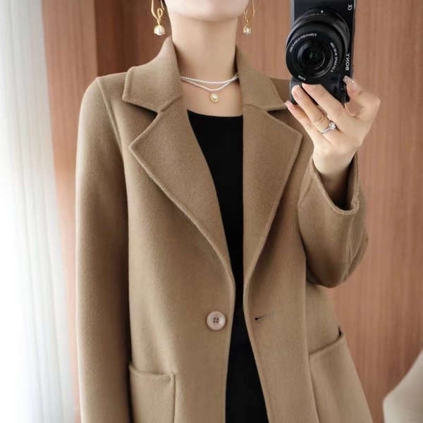 Áo khoác lông cừu áo khoác lông nữ Áo khoác hai mặt cashmere mẫu mới thu đông 2023, áo khoác len 100% len dáng nhỏ có khóa ngắn cho nữ