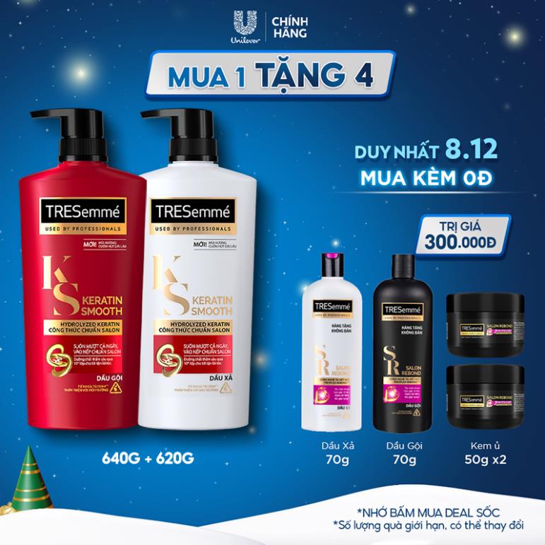 Combo Dầu Gội, Dầu Xả TRESEMME Keratin Smooth Dưỡng tóc khô xơ rối Công thức chuẩn salon Vào Nếp Suôn Mượt 640g, 620g