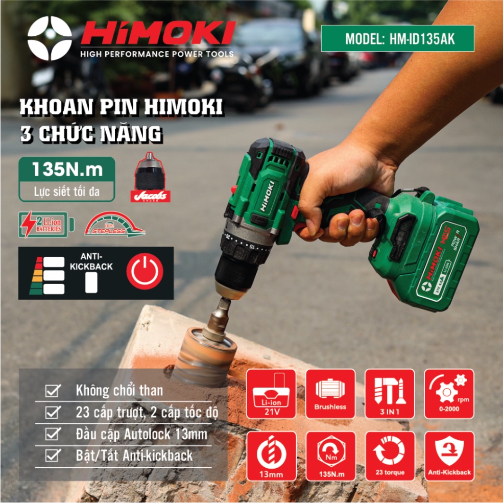 [Chính hãng] [TẶNG 3 MŨI KHOAN] Máy Khoan Pin HIMOKI HM-ID135AK - Có Bật Tắt  Anti-Kick Back - Lực Siết 135Nm - Không Ch