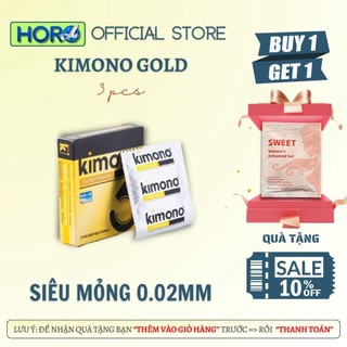 Bao cao su Kimono siêu mỏng 0.02 mm màu vàng Gold chứa vitamin B cấp ẩm bôi trơn, Hộp 3 bcs