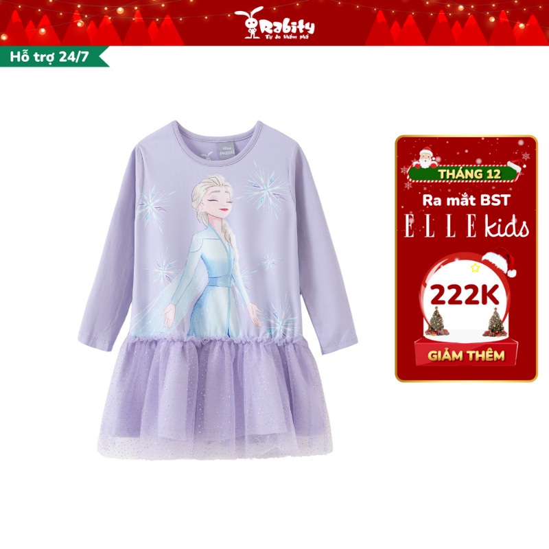 Đầm váy thun dài tay phối lưới cho bé gái họa tiết Elsa dễ thương Rabity 5642