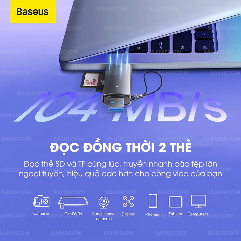 Đầu đọc thẻ nhớ Baseus USB3.0 cho thẻ SD/TF max 2TB với tốc độ truyền nhanh 104MB/s 2in1 TypeC+USB3.0