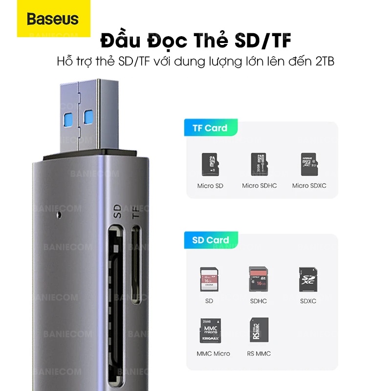 Đầu đọc thẻ nhớ Baseus USB3.0 cho thẻ SD/TF max 2TB với tốc độ truyền nhanh 104MB/s 2in1 TypeC+USB3.0
