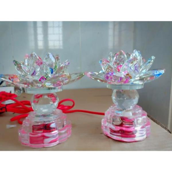 Cặp đôi đèn thờ cúng hoa sen pha lê 12cm 7 màu cao cấp 1 bi