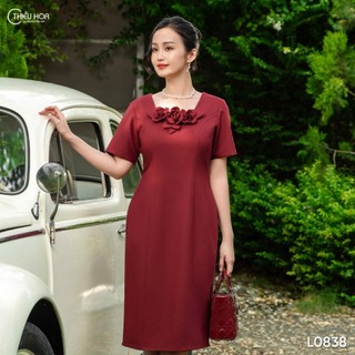 Đầm Thiết Kế trung niên, chất liệu cotton lạnh cao cấp đính hoa sang trọng thương hiệu Thiều Hoa DD3L0838