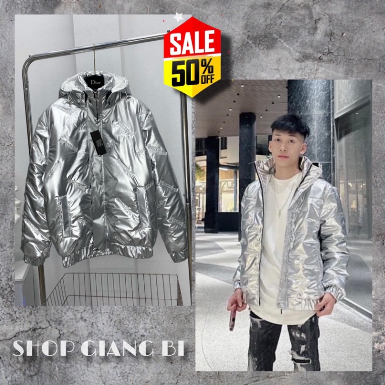 Áo khoác phao bóng dập nổi chữ wecome phối mũ bạc,áo phao bóng màu bạc có mũ bản hot trend siêu đẹp
