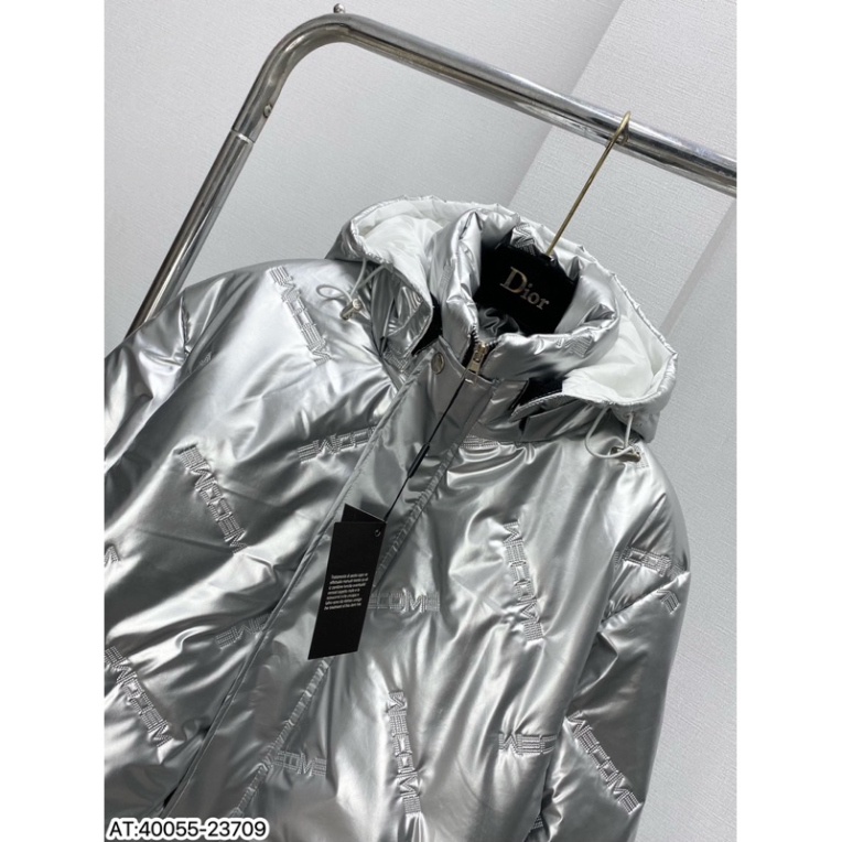 Áo khoác phao bóng dập nổi chữ wecome phối mũ bạc,áo phao bóng màu bạc có mũ bản hot trend siêu đẹp