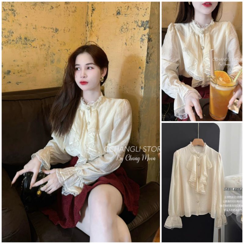 (Sẵn) ÁO SƠ MI TƠ CỔ TÀU PHA BÈO REN metwo.dearu - Áo sơ mi tơ voan bèo viền ren QC 2 lớp tay bồng khuy ngọc cao cấp