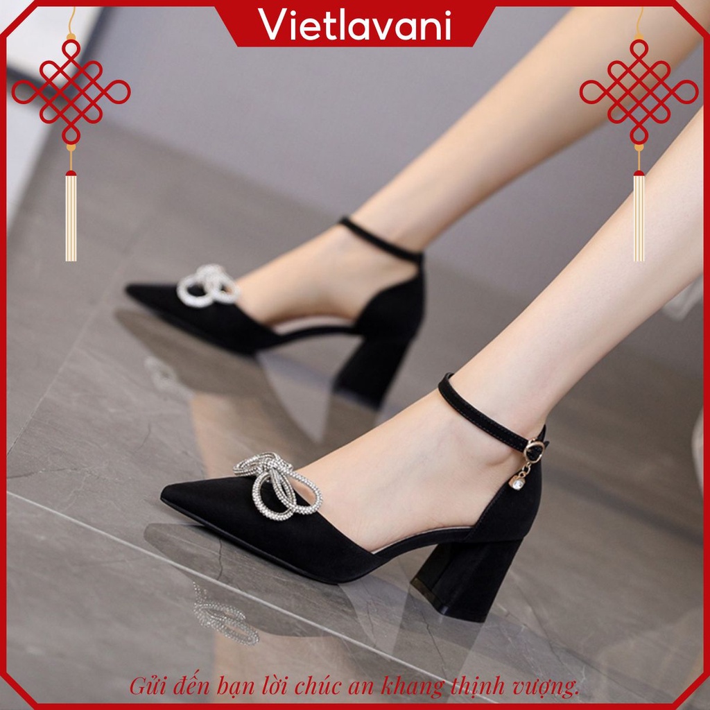 Giày Nữ Cao Gót CGC75 7 Phân Đế Vuông Hai Màu Đen, Kem Gắn Nơ Siêu Sang,Tinh Tế.