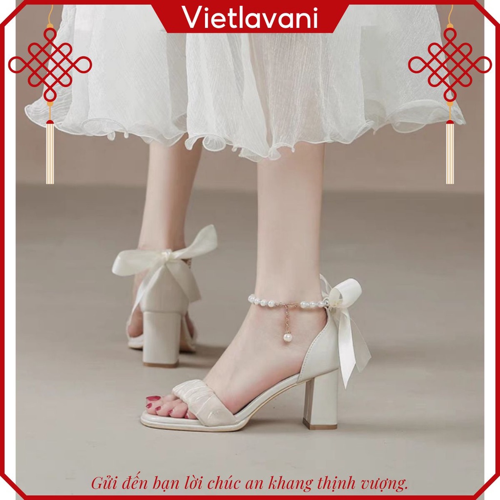 Giày cao gót nữ CGS104 đế vuông thắt nơ 7 phân quai ngọc thời trang