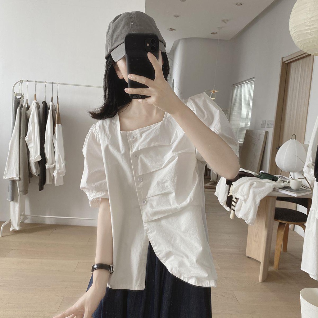 Áo Sơ Mi Tay Ngắn Phồng Dáng Rộng Phong Cách Hàn Quốc Thời Trang Mùa Hè Cho Nữ