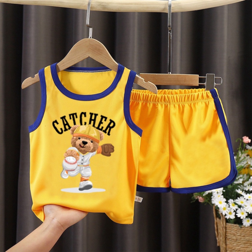 Bộ bé trai thể thao hình gấu nón vàng bao tay nâu cho bé từ 6kg đến 29kg.BDBT57. . .