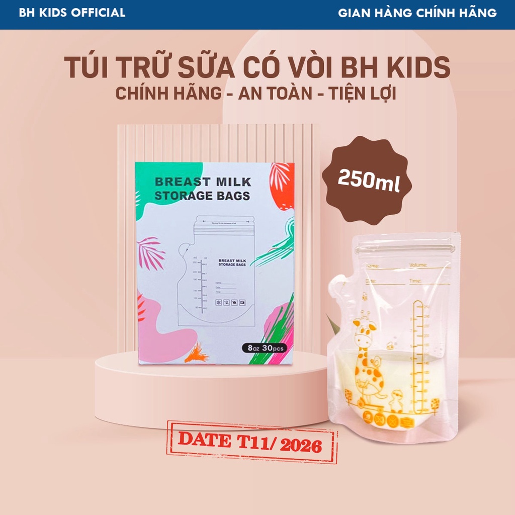 Túi trữ sữa có vòi đa năng BH Kids chính hãng an toàn tiện lợi với dung tích 250ml - CH133