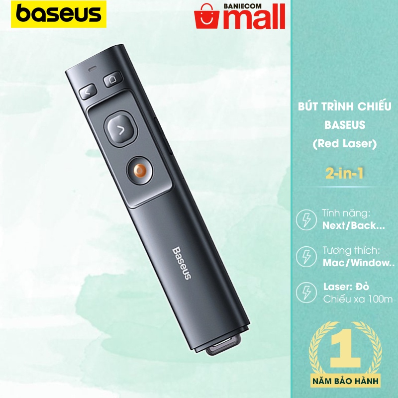 Bút trình chiếu Baseus Wireless Presenter (Red Laser) đến 100m Receiver USB & Type-C cho Windows/MacOS - BANIECOM