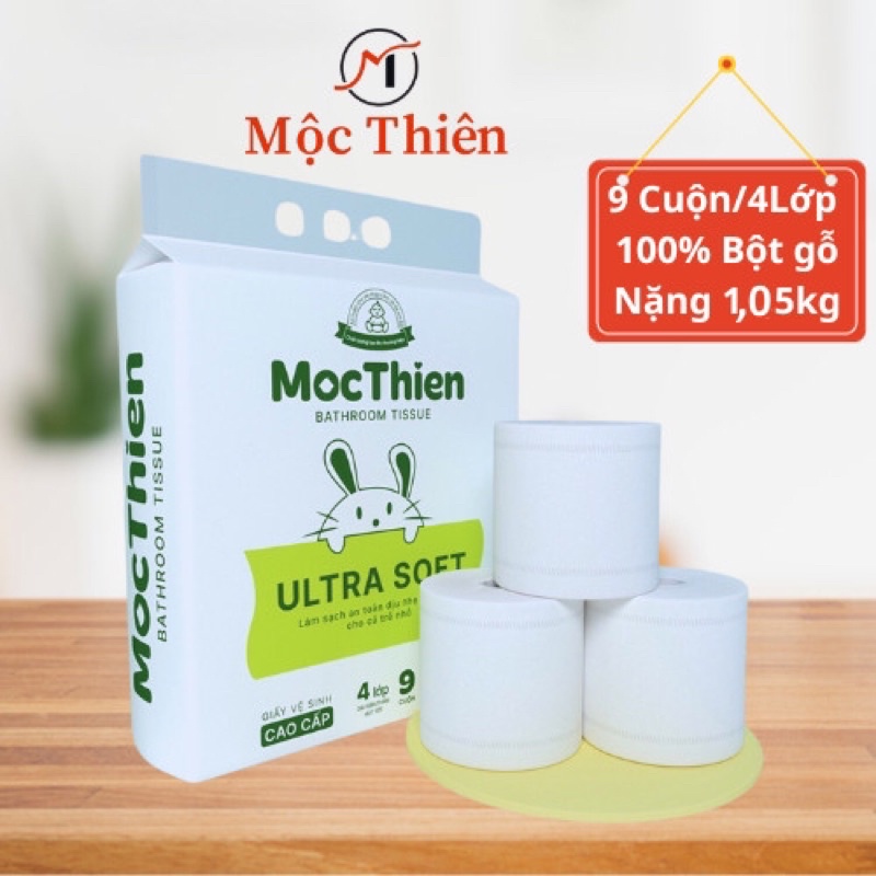 Giấy vệ sinh khăn giấy cuộn Mộc Thiên cao cấp bịch 9 gói 4 lớp dày dặn