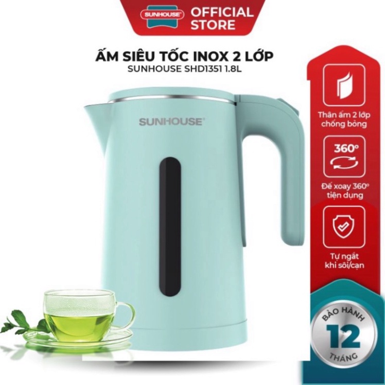 [Chính hãng] Ấm siêu tốc inox 2 lớp Sunhouse SHD1351 dung tích 1.8 lít