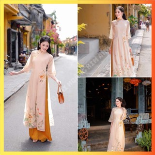 Áo dài cách tân nữ 4 tà tơ óng lót lụa in thiết kế may sẵn, Áo dài truyền thống Đại Tú hiện đại dự tiệc lễ tết