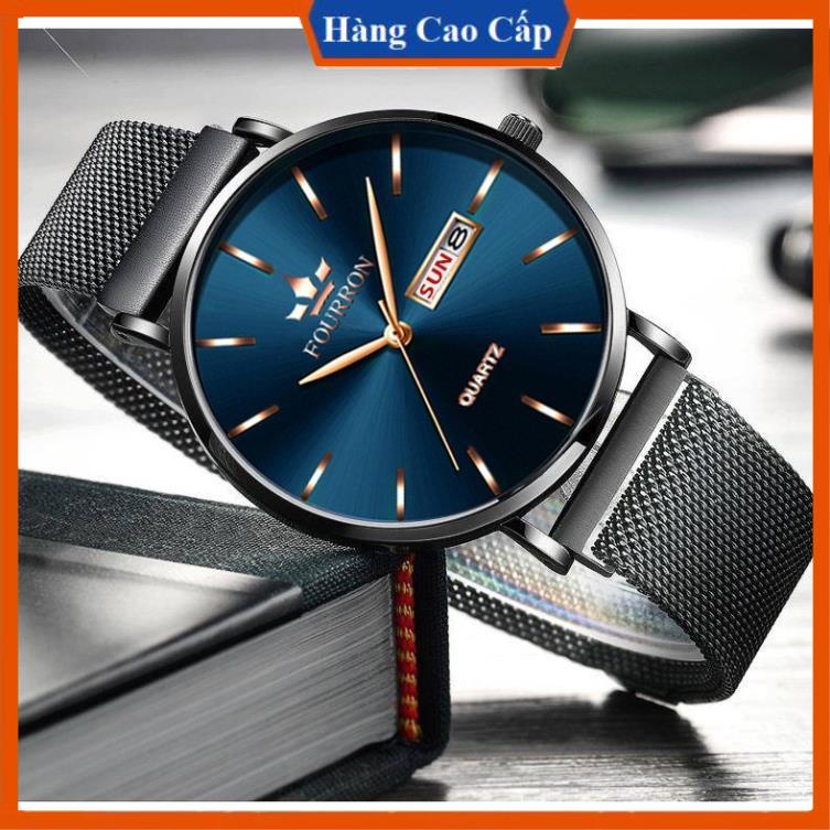 Đồng hồ Nam FOURRON JAPAN Mặt Kim Sa F1866 chạy 2 Lịch Dây Thép lưới nam châm Cao cấp